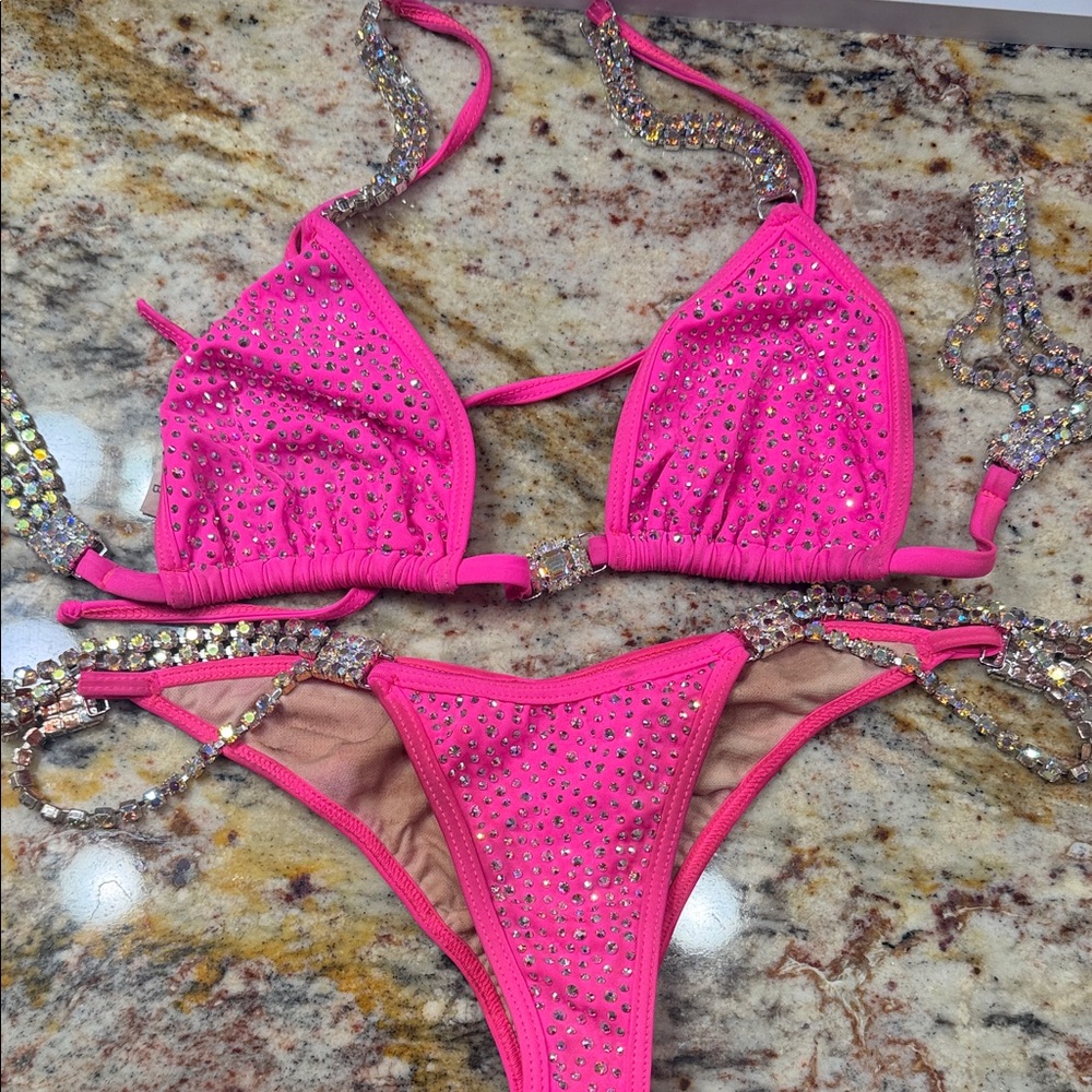 Hot Pink Rhinestone Girls' One-Piece Swim Set